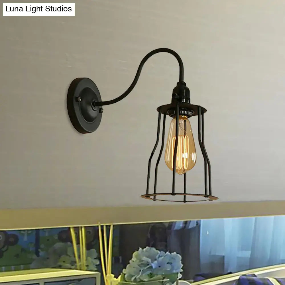 Industrial 1-Head Black Gooseneck Wall Light With Cage Shade For Living Room