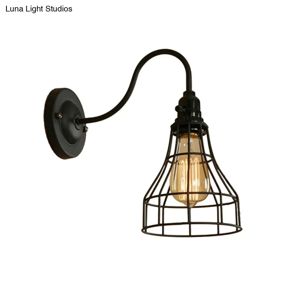 Industrial 1-Head Black Gooseneck Wall Light With Cage Shade For Living Room