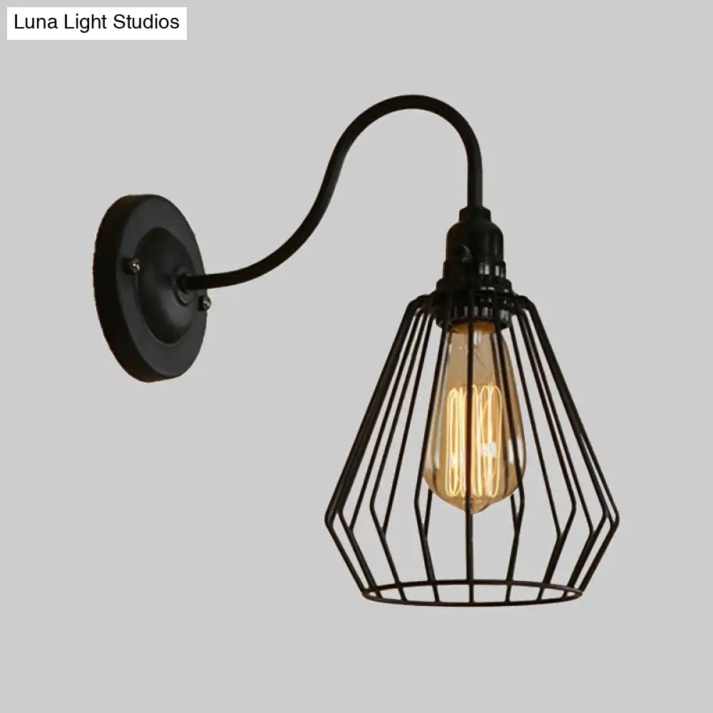 Industrial 1-Head Black Gooseneck Wall Light With Cage Shade For Living Room