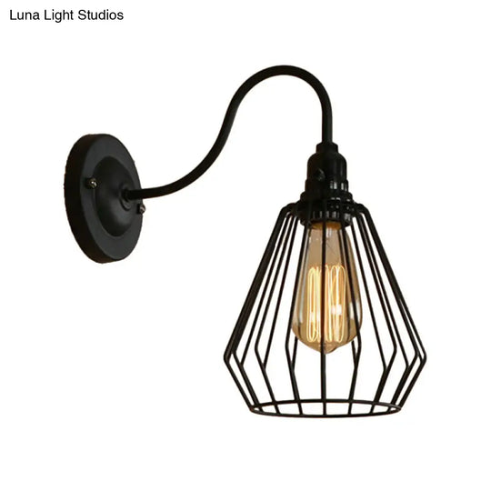 Industrial 1-Head Black Gooseneck Wall Light With Cage Shade For Living Room