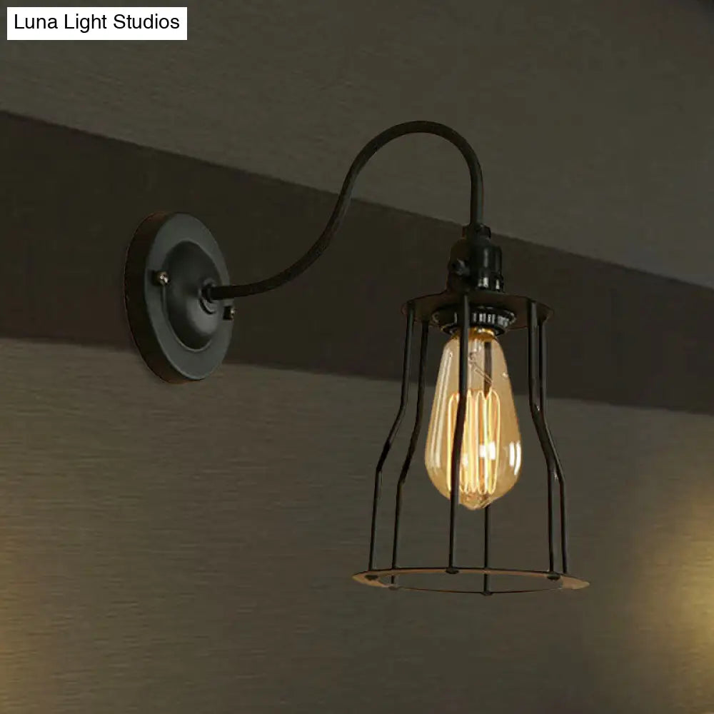 Industrial 1-Head Black Gooseneck Wall Light With Cage Shade For Living Room