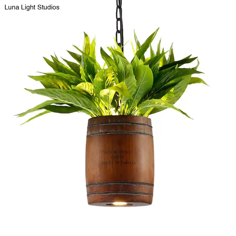 Industrial 1 Head Bucket Wood Pendant Light In Coffee With Plant Deco - Dining Room Ceiling Lamp