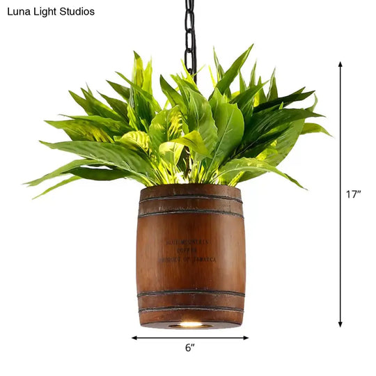 Industrial 1 Head Bucket Wood Pendant Light In Coffee With Plant Deco - Dining Room Ceiling Lamp