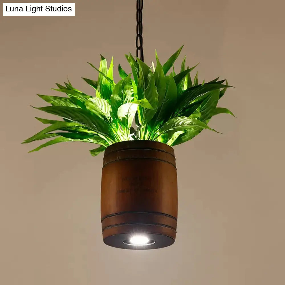 Industrial 1 Head Bucket Wood Pendant Light In Coffee With Plant Deco - Dining Room Ceiling Lamp