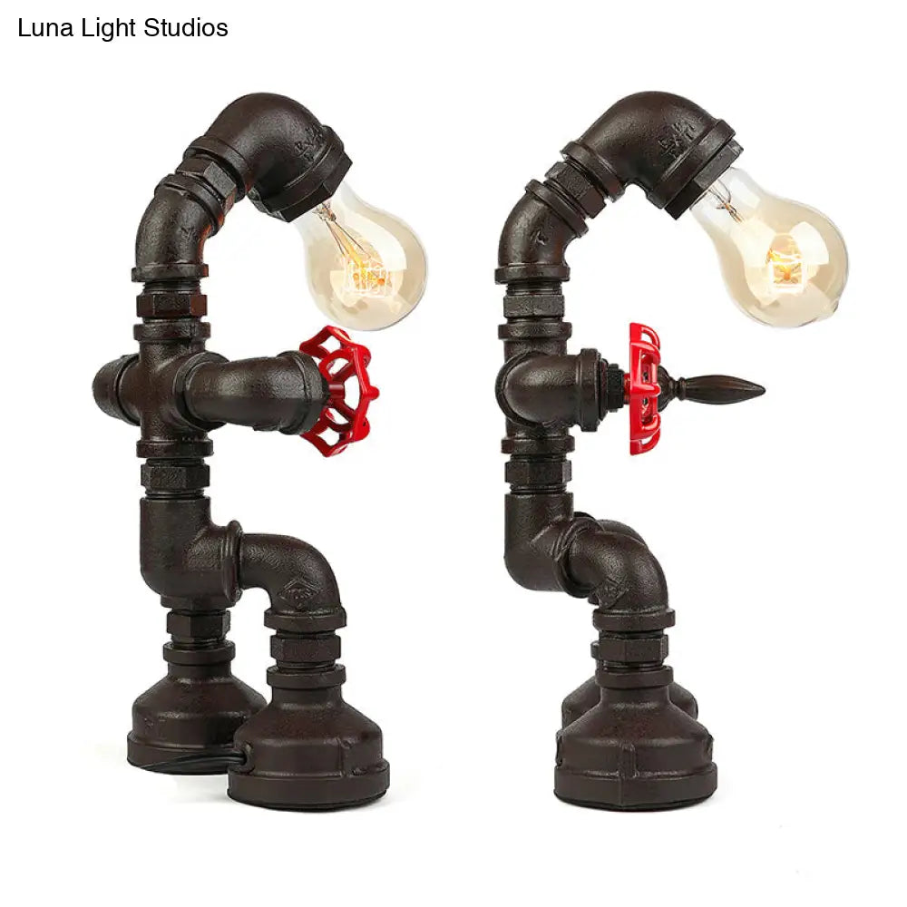 Industrial 1-Light Bedroom Table Lamp With Metallic Plumbing Pipe And Valve In Antique Brass/Bronze