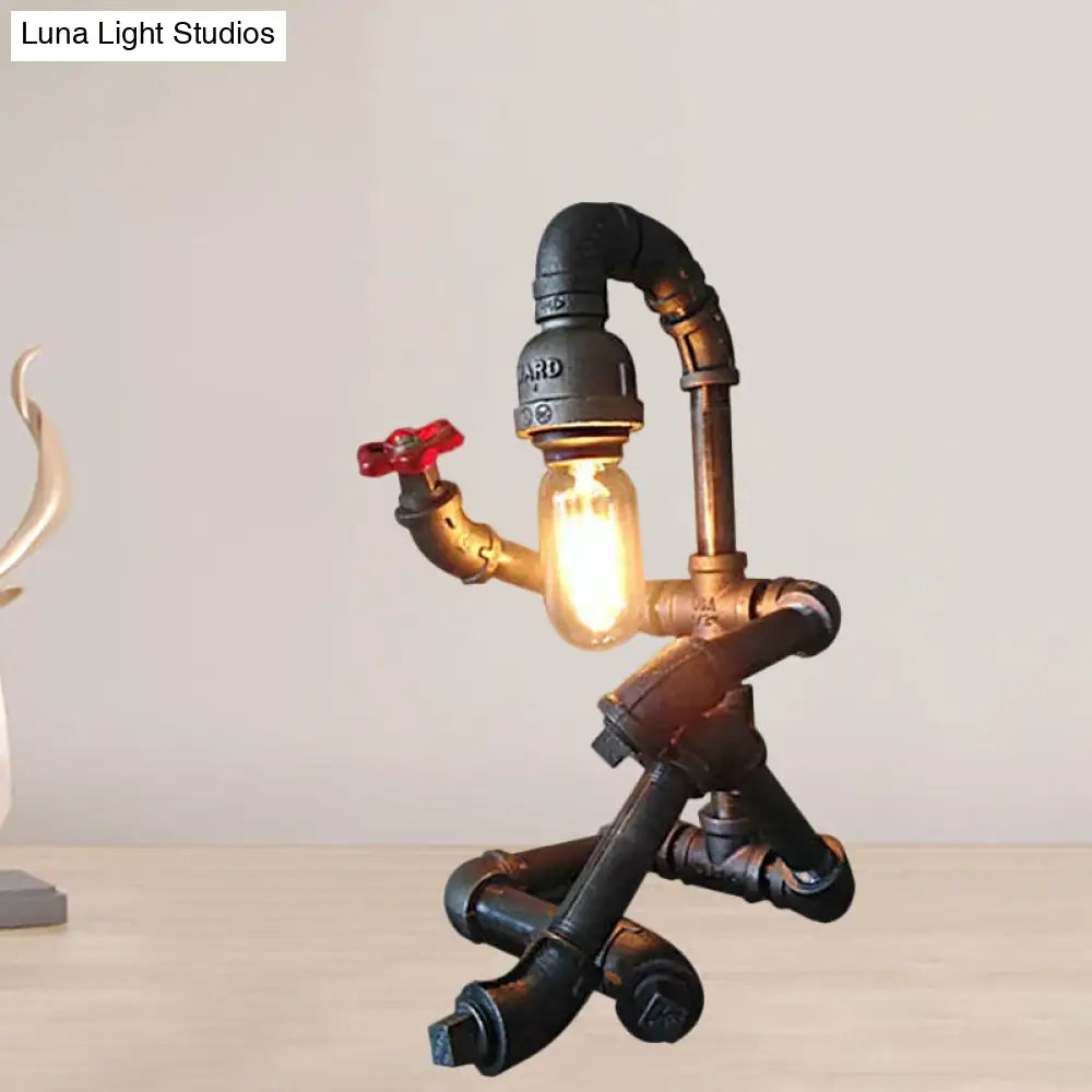 Industrial 1-Light Bedroom Table Lamp With Metallic Plumbing Pipe And Valve In Antique Brass/Bronze