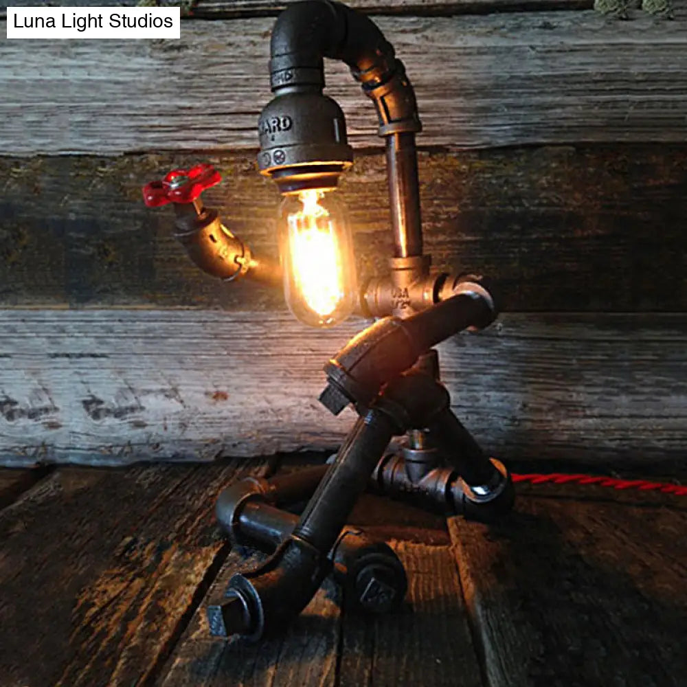 Industrial 1-Light Bedroom Table Lamp With Metallic Plumbing Pipe And Valve In Antique Brass/Bronze