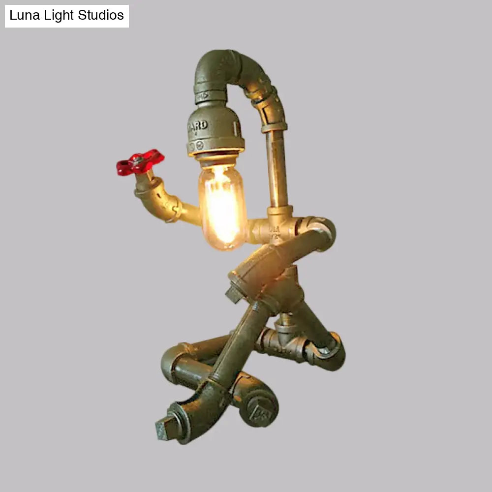 Industrial 1-Light Bedroom Table Lamp With Metallic Plumbing Pipe And Valve In Antique Brass/Bronze