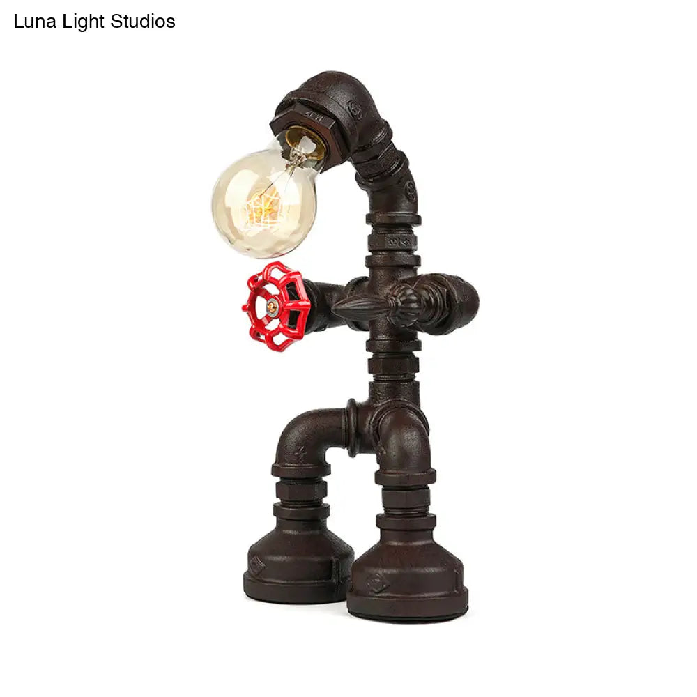 Industrial 1-Light Bedroom Table Lamp With Metallic Plumbing Pipe And Valve In Antique Brass/Bronze