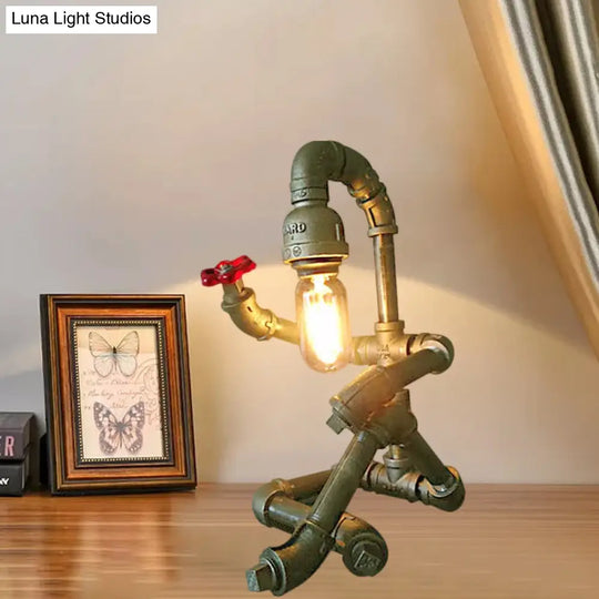 Industrial 1-Light Bedroom Table Lamp With Metallic Plumbing Pipe And Valve In Antique Brass/Bronze