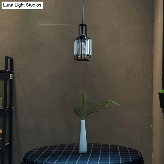 Industrial 1-Light Black Iron Wire Cage Bottle Pendant With Crystal - Dining Table Suspension Lamp