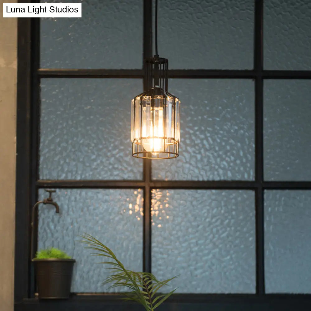 Industrial 1-Light Black Iron Wire Cage Bottle Pendant With Crystal - Dining Table Suspension Lamp