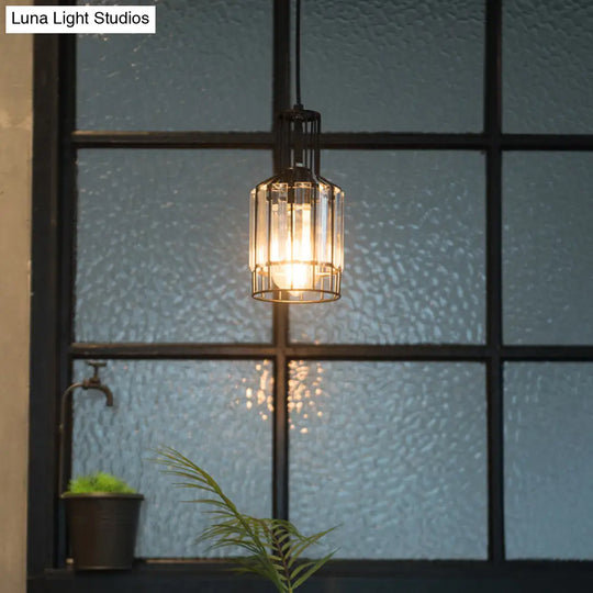 Industrial 1-Light Black Iron Wire Cage Bottle Pendant With Crystal - Dining Table Suspension Lamp