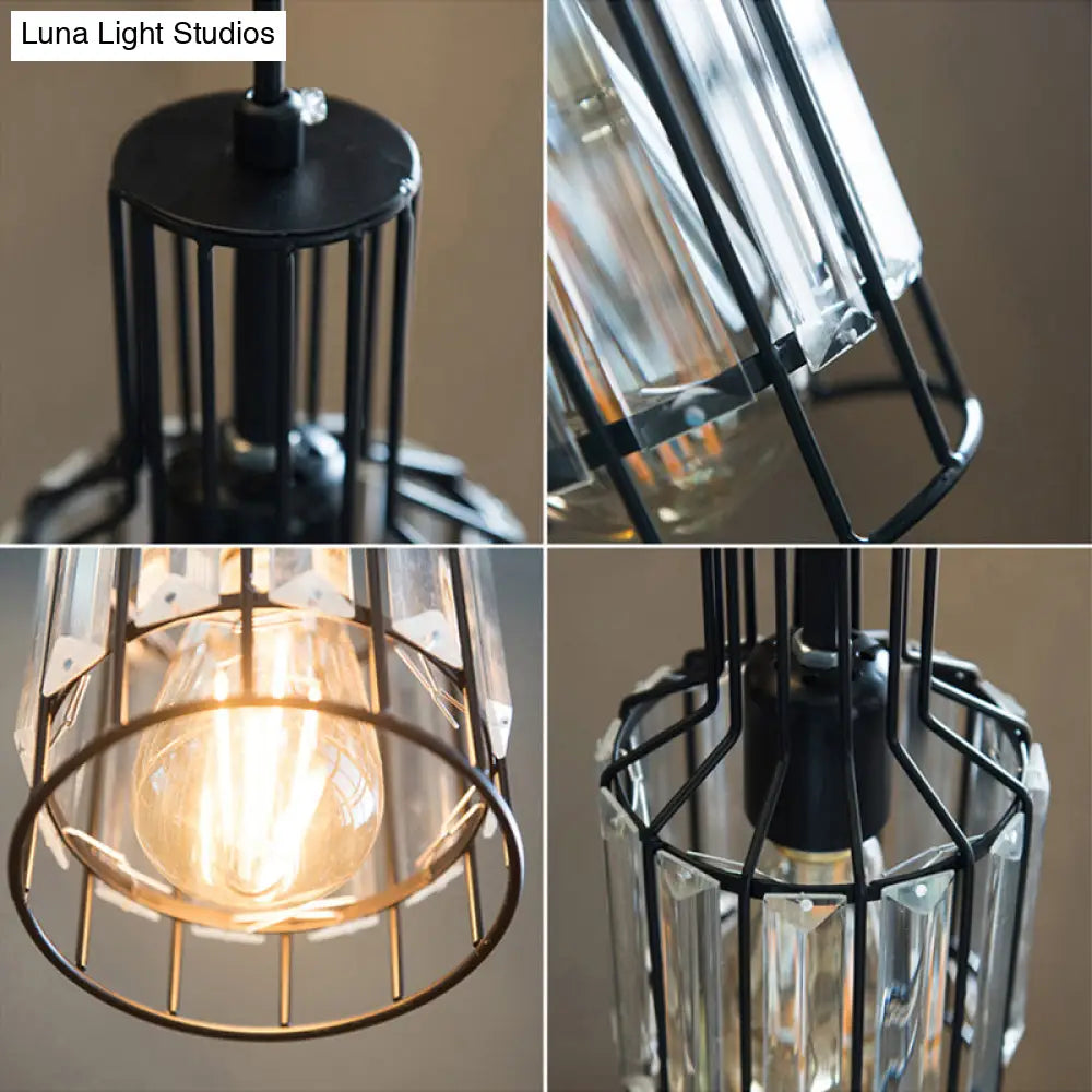 Industrial 1-Light Black Iron Wire Cage Bottle Pendant With Crystal - Dining Table Suspension Lamp