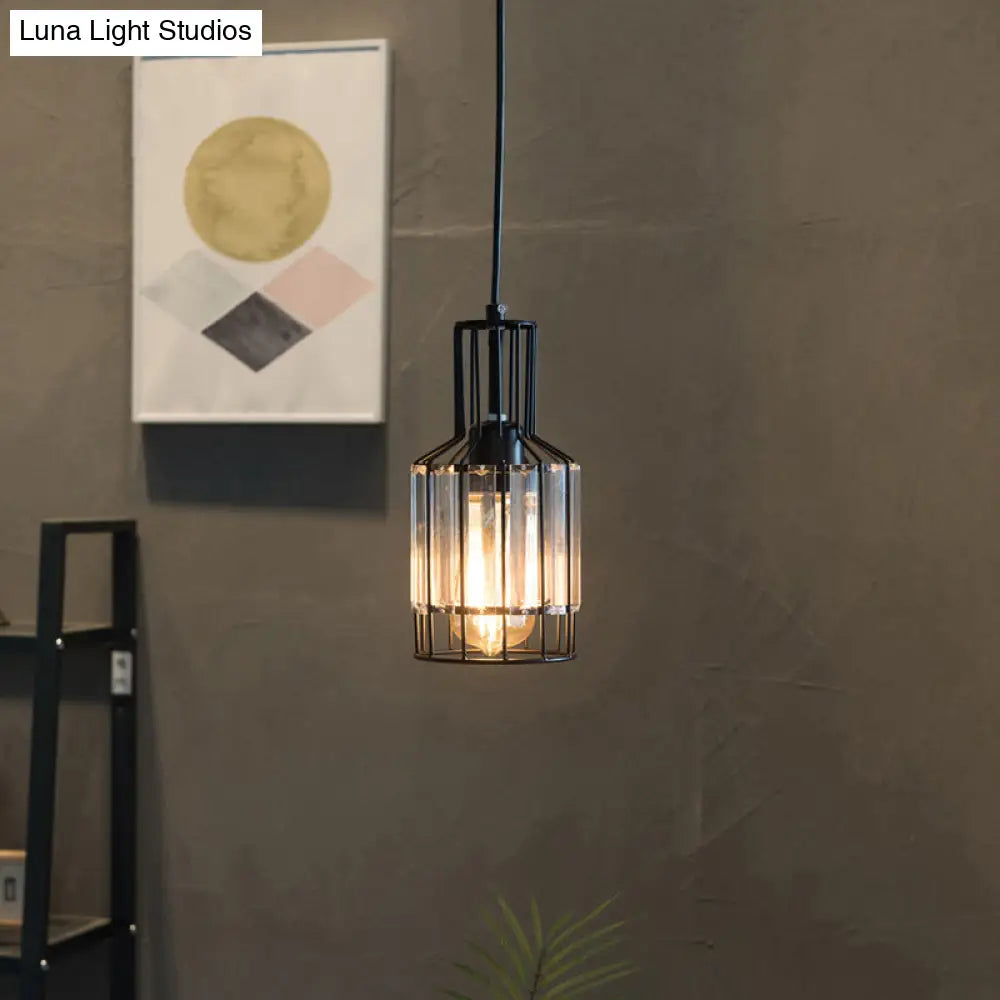 Industrial 1-Light Black Iron Wire Cage Bottle Pendant With Crystal - Dining Table Suspension Lamp