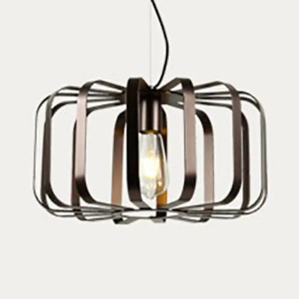 Industrial 1-Light Cylinder Metal Pendant Lamp With Wire Frame In Bronze For Dining Room -