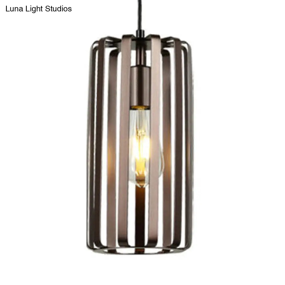 Industrial Hanging Lamp Cylinder Metal Pendant Light With Wire Frame In Bronze 6/10/16 Width / 6