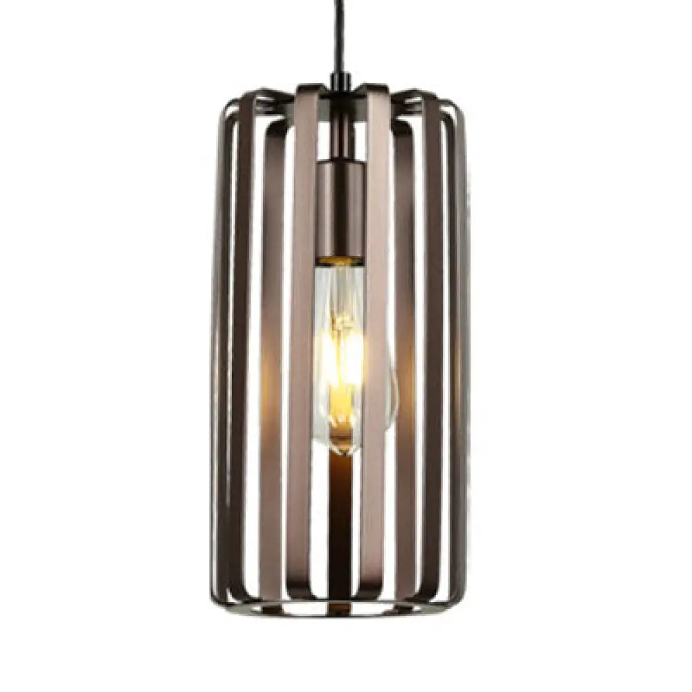 Industrial 1-Light Cylinder Metal Pendant Lamp With Wire Frame In Bronze For Dining Room -