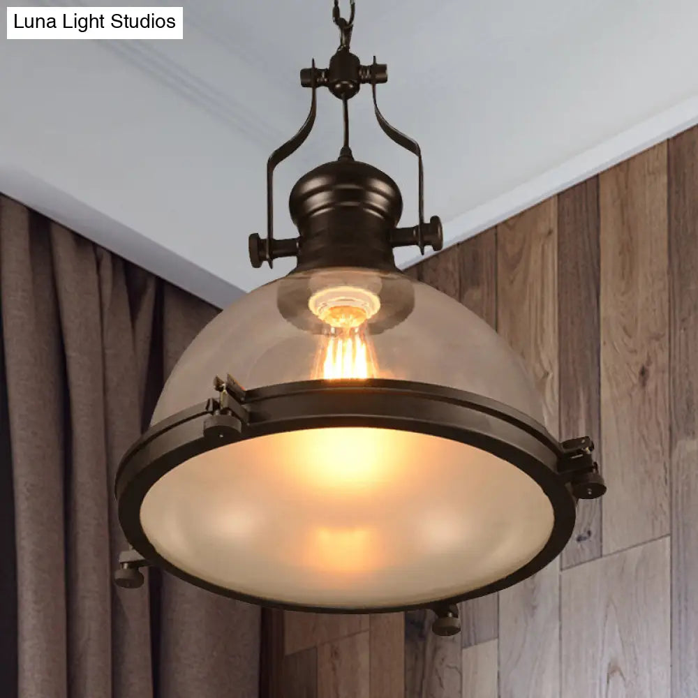 Industrial Black Pendant Light With Clear Glass Dome Shade And Trim Ring