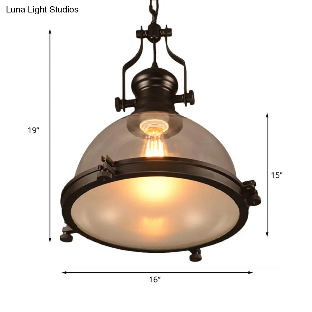 Industrial Black Pendant Light With Clear Glass Dome Shade And Trim Ring