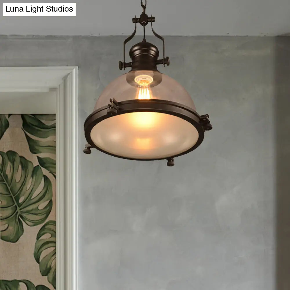 Industrial Black Pendant Light With Clear Glass Dome Shade And Trim Ring