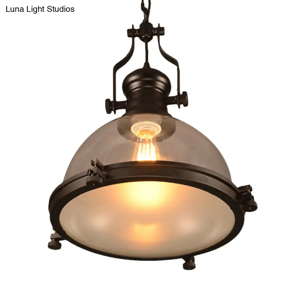 Industrial 1-Light Dome Pendant Ceiling Light Fixture With Clear Glass And Trim Ring - Black