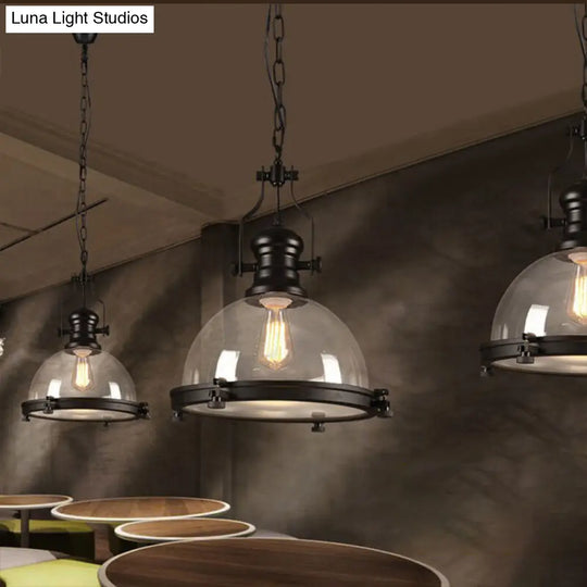 Industrial Black Pendant Light With Clear Glass Dome Shade And Trim Ring