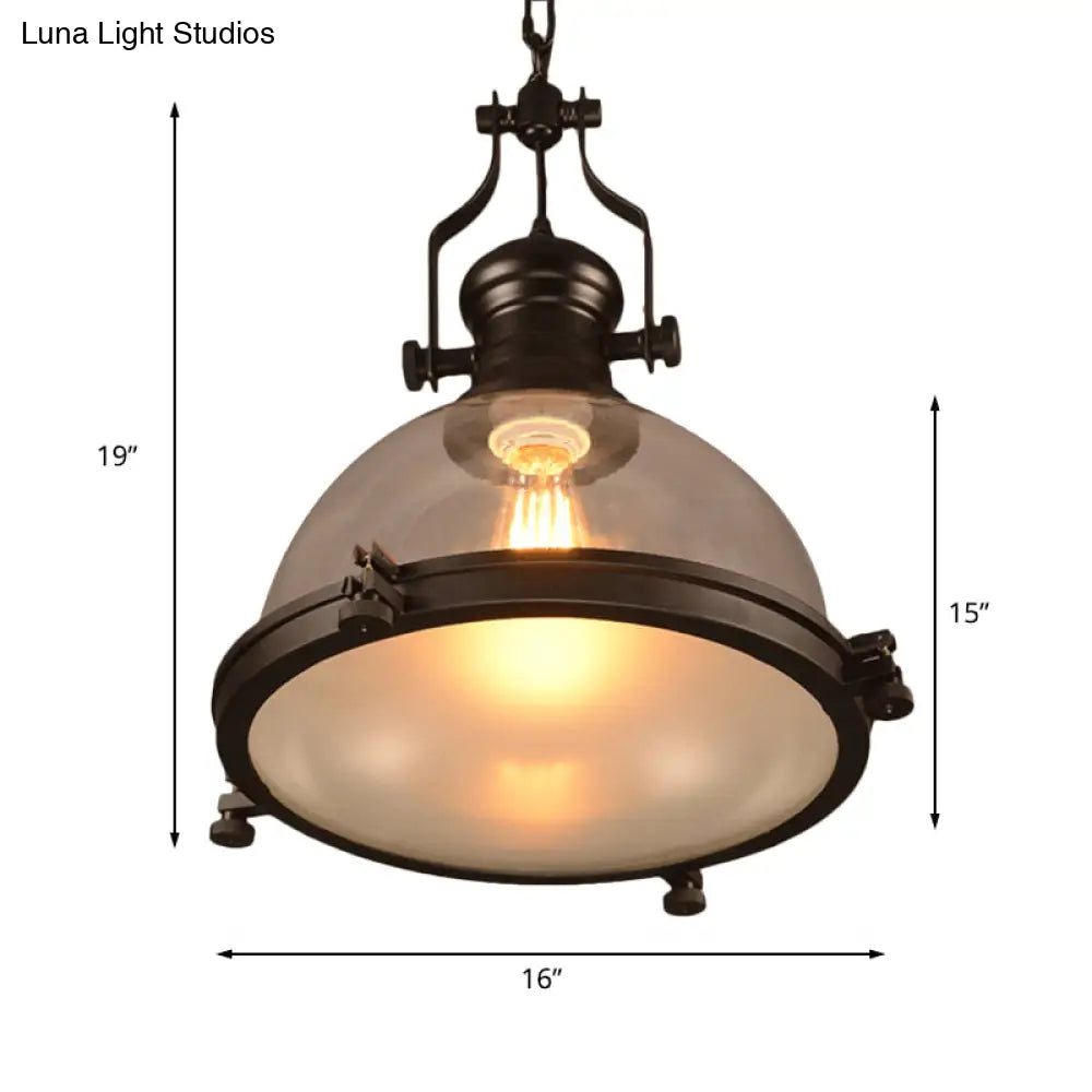 Industrial 1-Light Dome Pendant Ceiling Light Fixture With Clear Glass And Trim Ring - Black