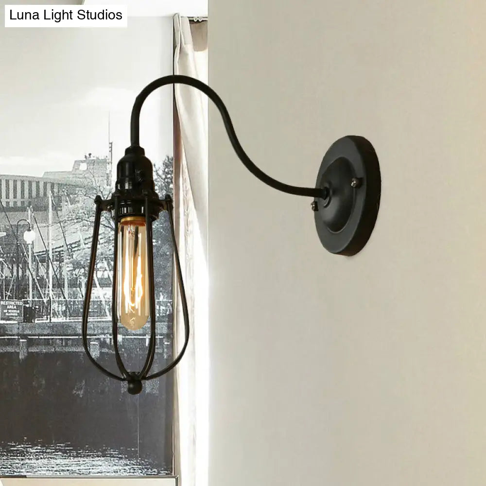 Industrial 1 Light Metallic Oval/Teardrop/Bulb Wall Lamp With Wire Guard In Black