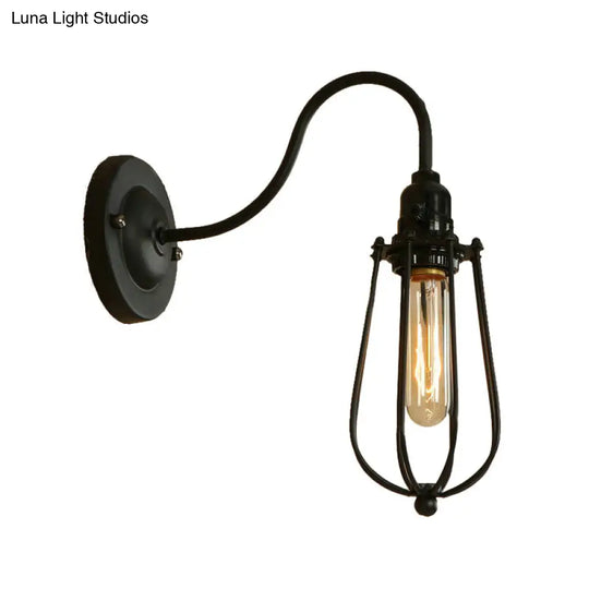 Industrial 1 Light Metallic Oval/Teardrop/Bulb Wall Lamp With Wire Guard In Black