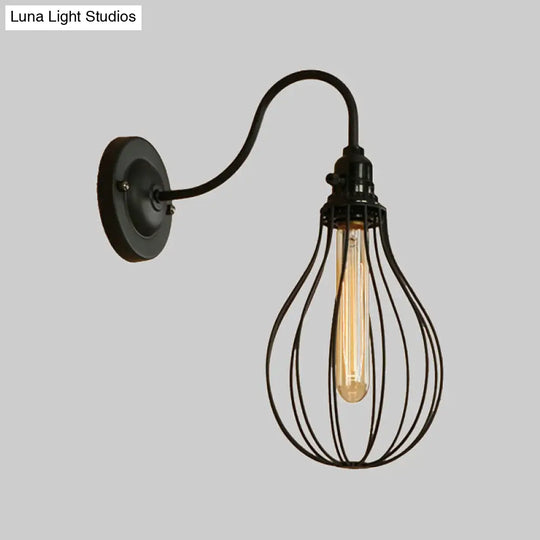 Industrial 1 Light Metallic Oval/Teardrop/Bulb Wall Lamp With Wire Guard In Black