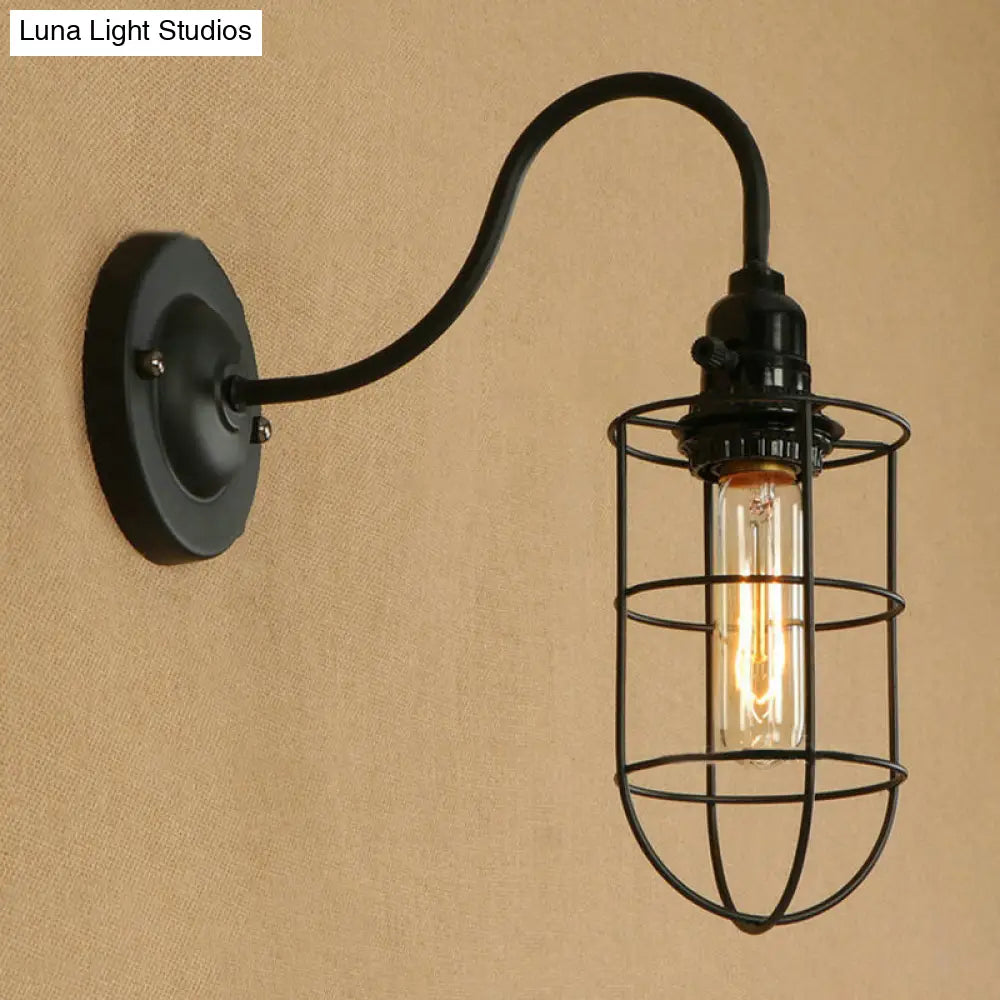 Industrial 1 Light Metallic Oval/Teardrop/Bulb Wall Lamp With Wire Guard In Black