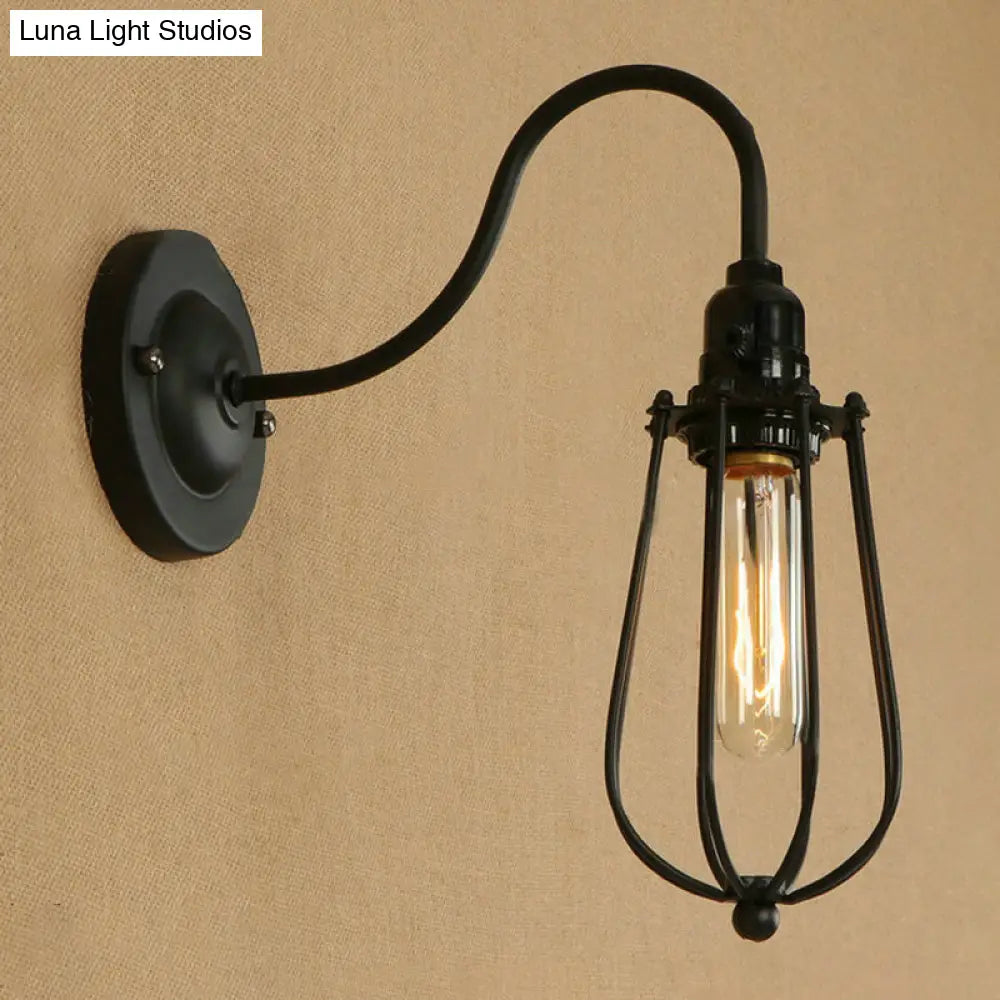 Industrial 1 Light Metallic Oval/Teardrop/Bulb Wall Lamp With Wire Guard In Black