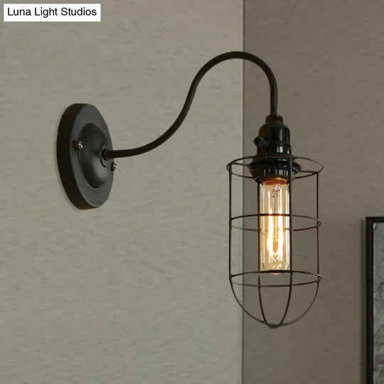 Industrial 1 Light Metallic Oval/Teardrop/Bulb Wall Lamp With Wire Guard In Black