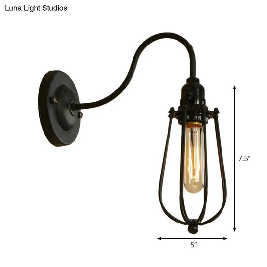 Industrial 1 Light Metallic Oval/Teardrop/Bulb Wall Lamp With Wire Guard In Black