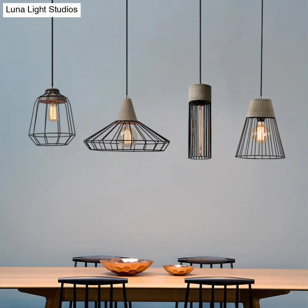 Industrial 1-Light Pendant Fixture With Cone/Cylinder/Triangle Iron Design In Black - Cement Socket