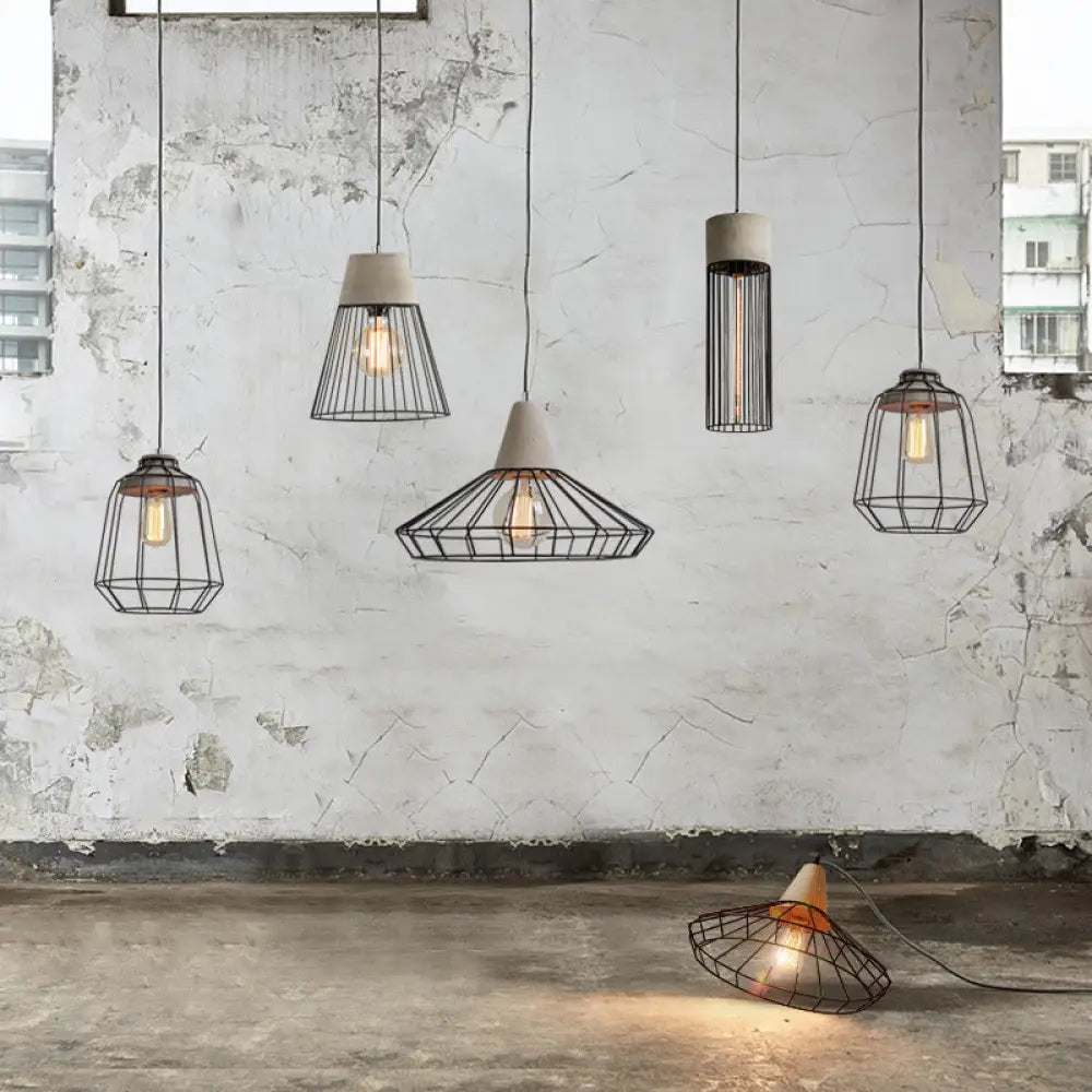 Industrial 1-Light Pendant Fixture With Cone/Cylinder/Triangle Iron Design In Black - Cement Socket