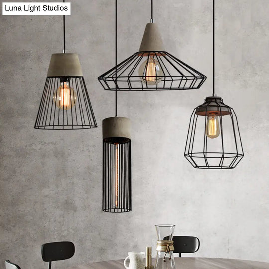 Industrial Pendant Light Fixture With 1-Light In Black Cone/Cylinder/Triangle Iron Design / Birdcage