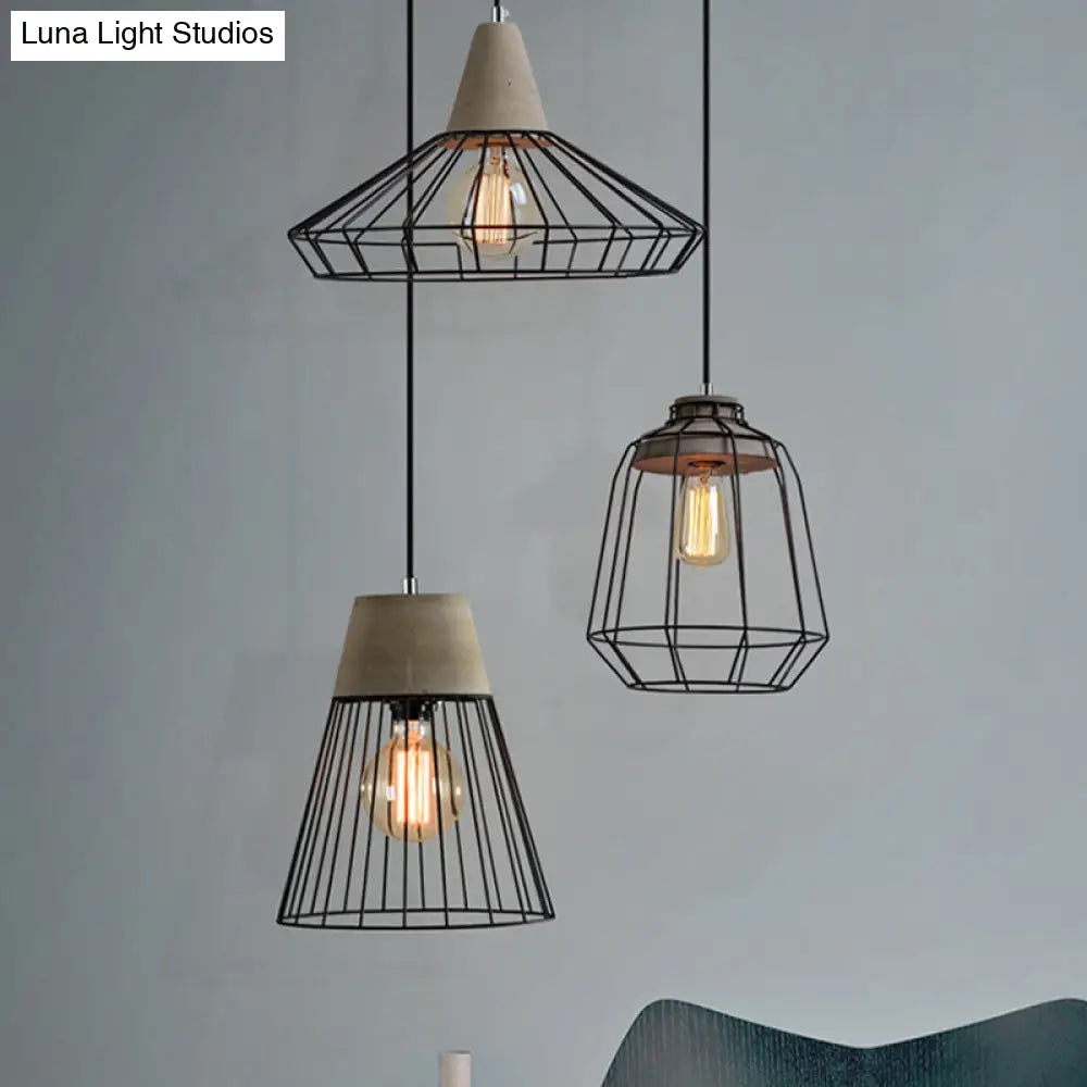 Industrial 1-Light Pendant Fixture With Cone/Cylinder/Triangle Iron Design In Black - Cement Socket