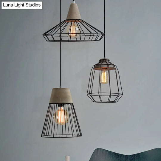 Industrial 1-Light Pendant Fixture With Cone/Cylinder/Triangle Iron Design In Black - Cement Socket