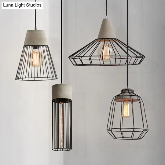 Industrial 1-Light Pendant Fixture With Cone/Cylinder/Triangle Iron Design In Black - Cement Socket