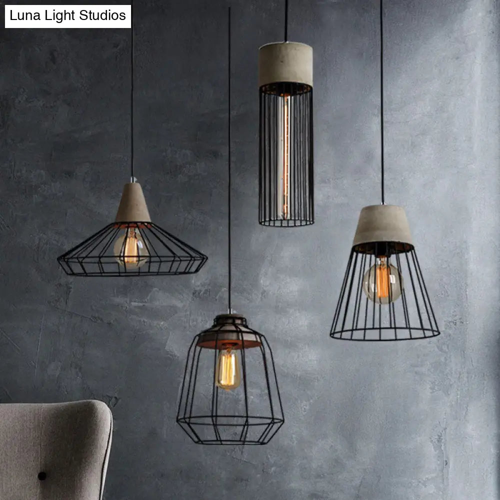 Industrial Pendant Light Fixture With 1-Light In Black Cone/Cylinder/Triangle Iron Design