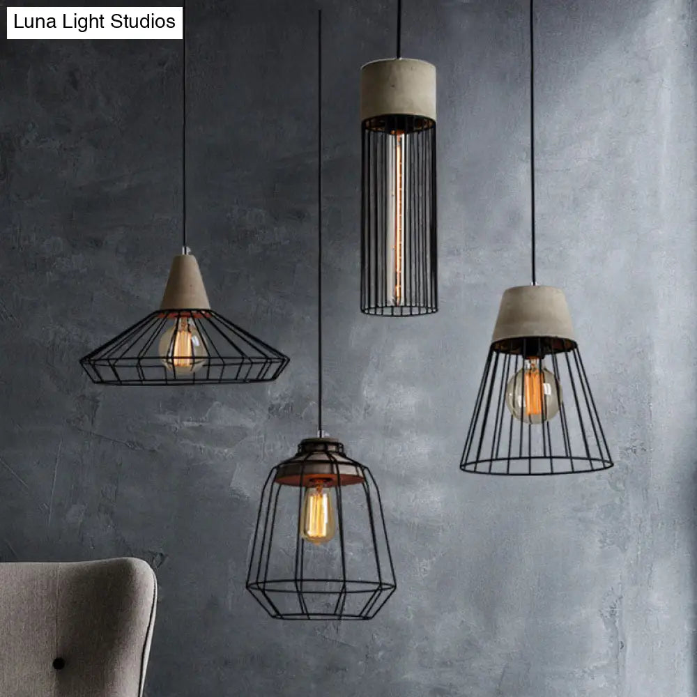 Industrial 1-Light Pendant Fixture With Cone/Cylinder/Triangle Iron Design In Black - Cement Socket