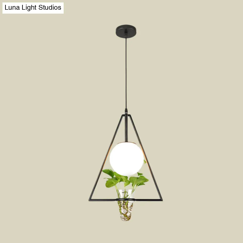 Industrial 1-Light Pendant With White Glass Globe Triangle Cage And Plant Pot - Black/Grey/Gold