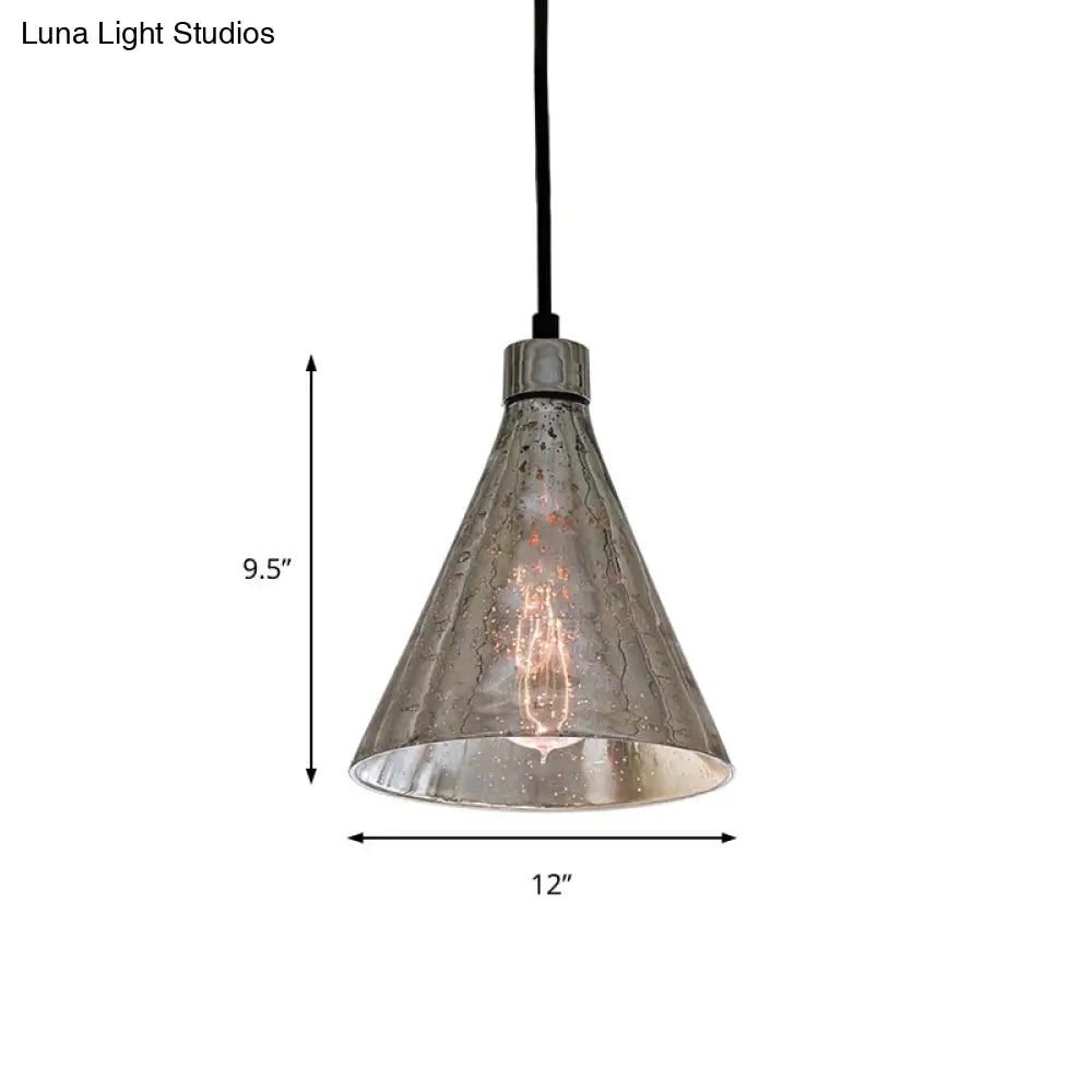 Industrial 1-Light Silver Pendant Lighting With Flared Glass Bowl Cone For Bedroom Ceiling