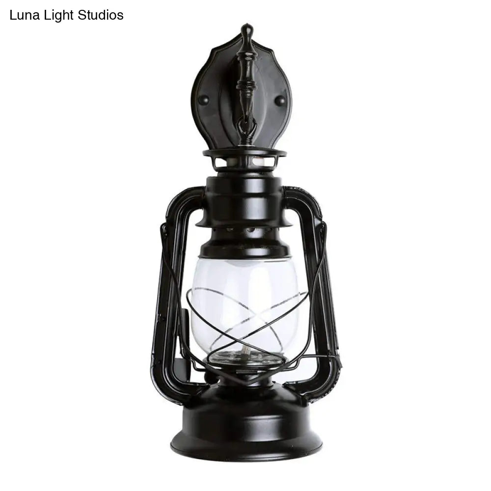 Industrial 1-Light Wall Lamp With Lantern Glass Shade In Black