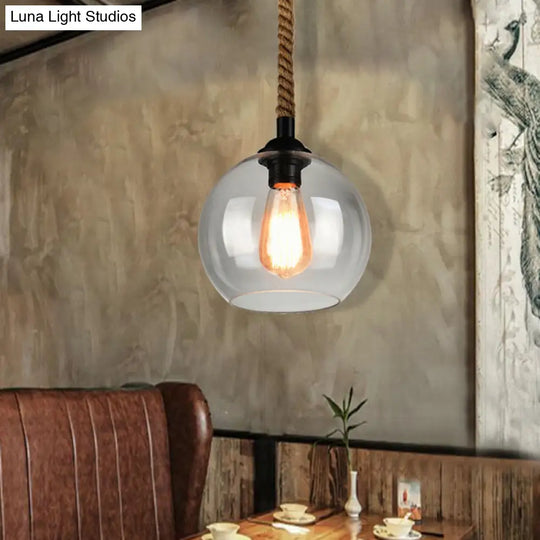 Industrial 1-Light Wide Globe Pendant Lighting - Clear/Amber Glass Hanging Lamp