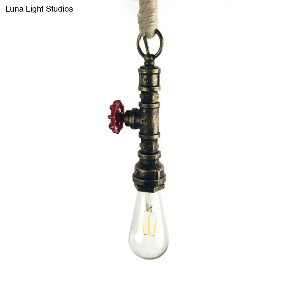 Industrial 1-Light Wrought Iron Pipe Pendant With Adjustable Rope - Aged Silver/Copper