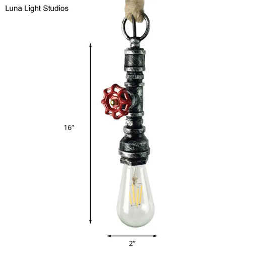 Industrial 1-Light Wrought Iron Pipe Pendant With Adjustable Rope - Aged Silver/Copper
