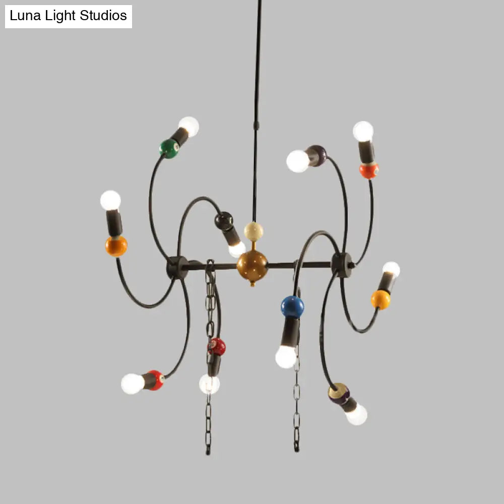 Industrial 10-Light Iron Chandelier With Billiard Deco And Chain For Restaurants - Black